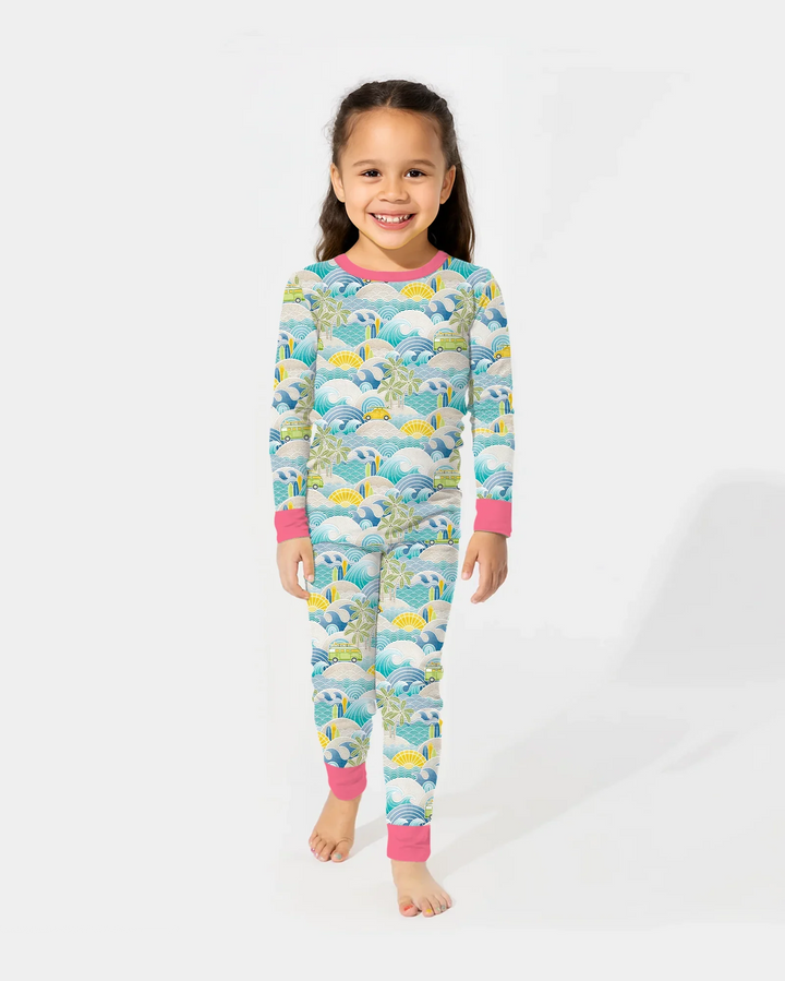 Conjunto de pijama de dos piezas de manga larga de bambú con olas y olas para viaje por la costa
