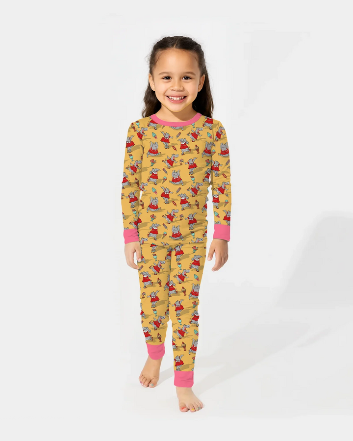 Dancing Hippo Treats Bamboo Two Piece Long Sleeve Pajama Set