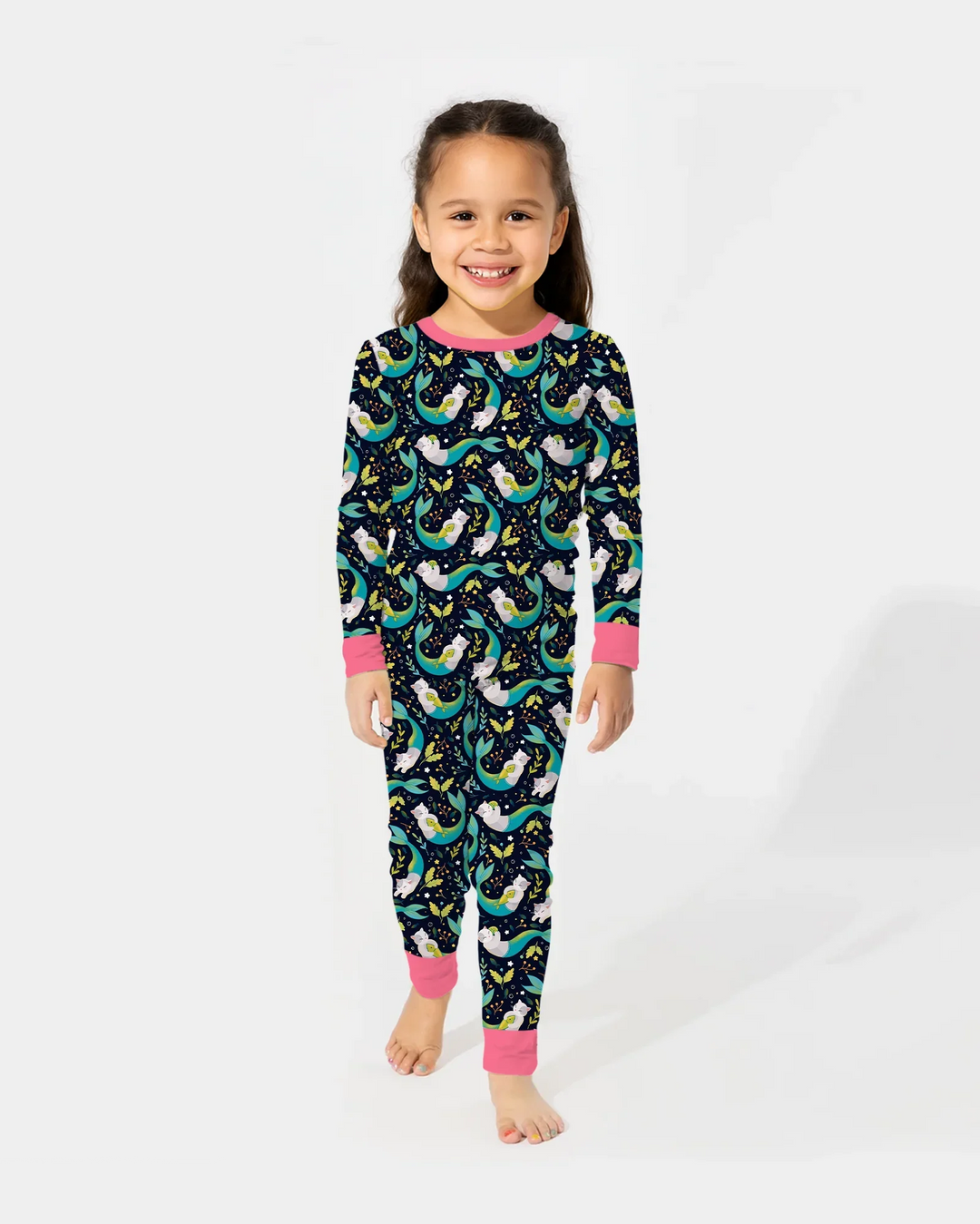Pijama de dos piezas de bambú de manga larga Midnight Mermaid Cats