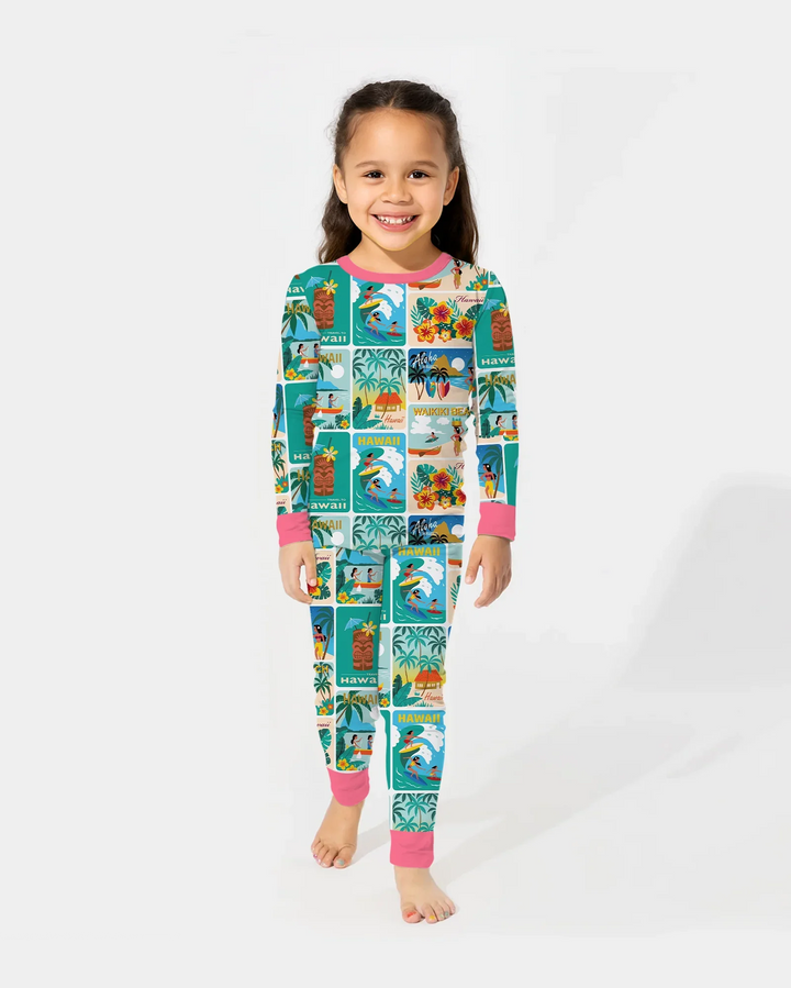 Aloha Postcard Paradise Bamboo Two Piece Long Sleeve Pajama Set