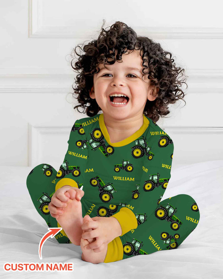 Conjunto de pijama de dos piezas de bambú de manga larga para papá y yo con tractores verdes y nombre personalizado