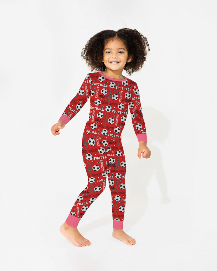 Red Soccer Ball Bamboo Two Piece Long Sleeve Pajama Set