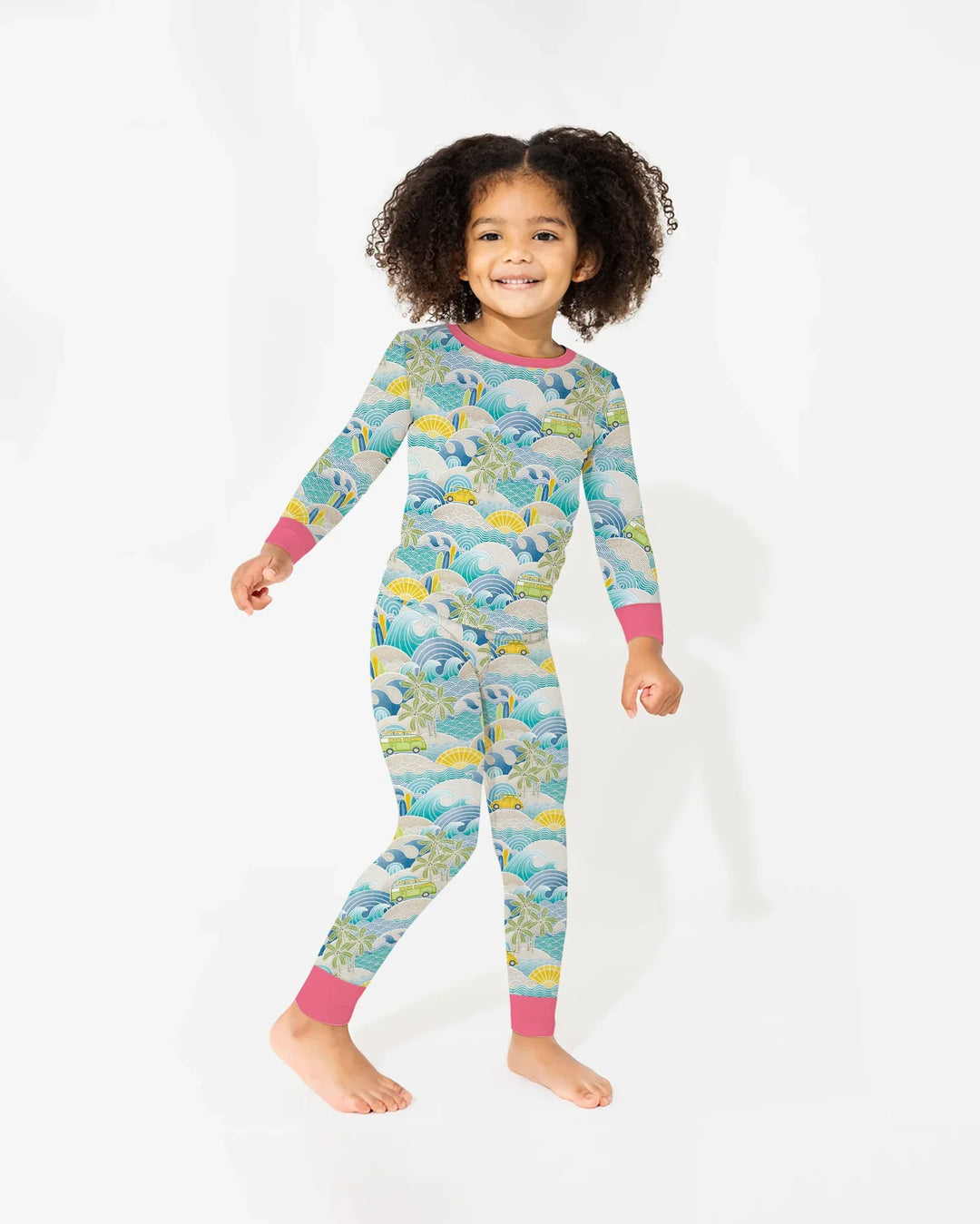 Conjunto de pijama de dos piezas de manga larga de bambú con olas y olas para viaje por la costa