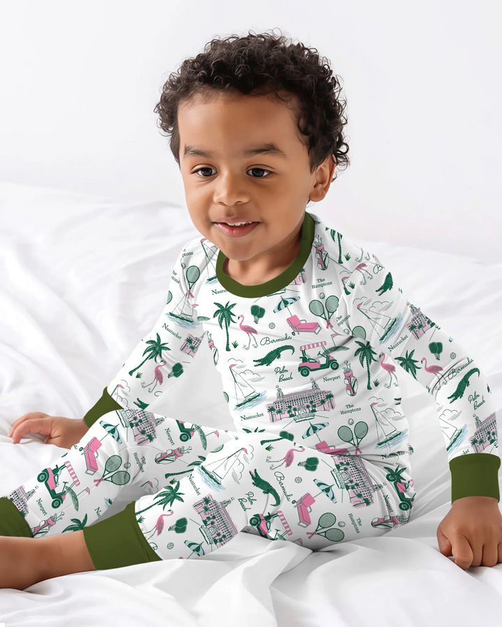 Conjunto de pijama de dos piezas de bambú de manga larga estilo Preppy Palm Getaway