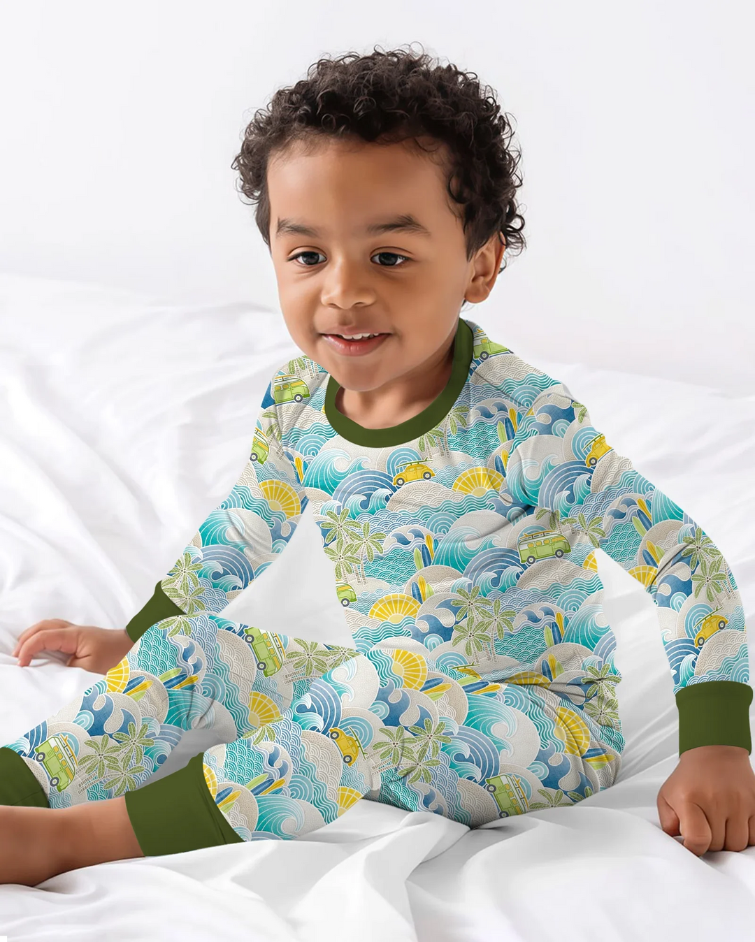 Conjunto de pijama de dos piezas de manga larga de bambú con olas y olas para viaje por la costa