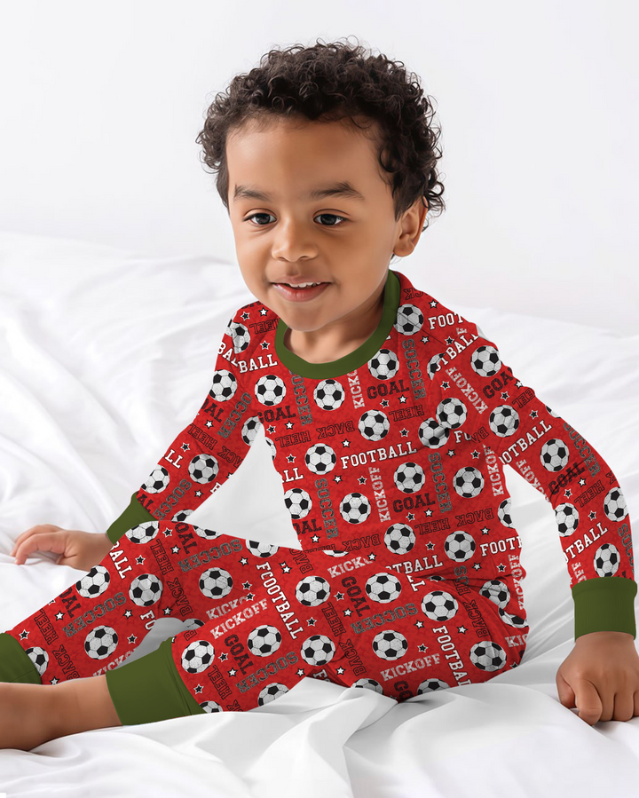 Red Soccer Ball Bamboo Two Piece Long Sleeve Pajama Set