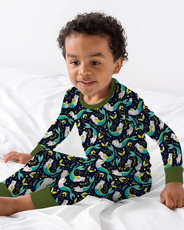 Pijama de dos piezas de bambú de manga larga Midnight Mermaid Cats