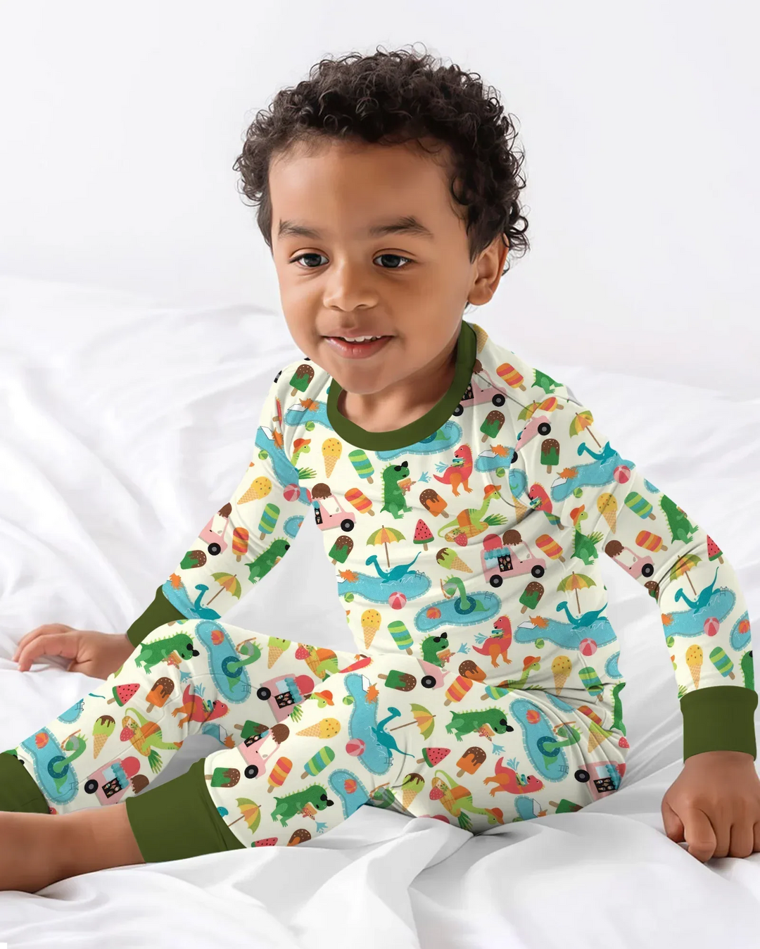 Conjunto de Pijama de Dos Piezas de Bambú de Manga Larga Dino Summer Splash
