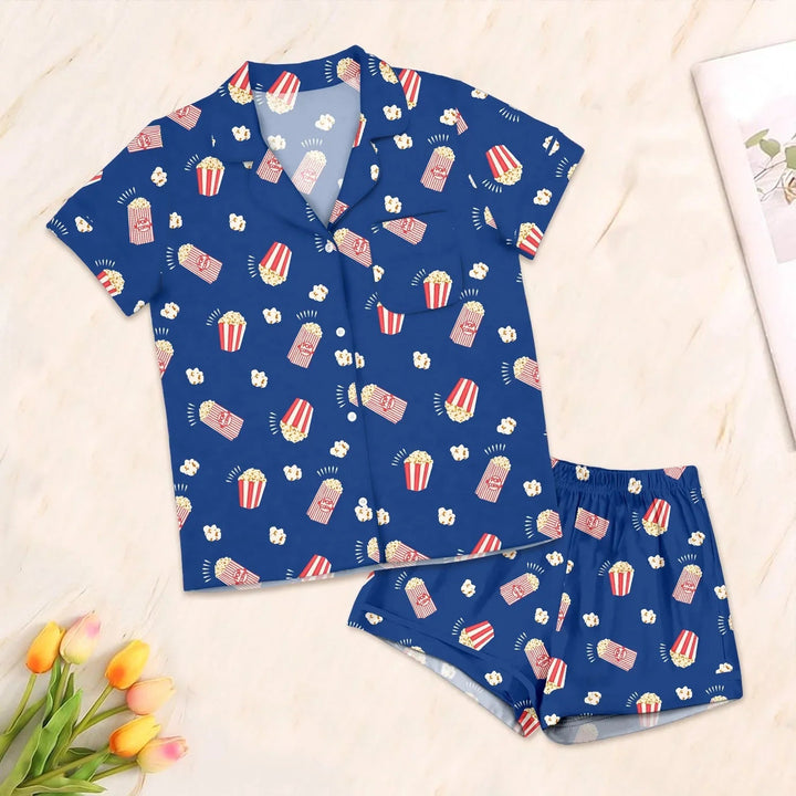 Popcorn Button Down Two Piece Short Sleeve Shorts Pajama Set , Popcorn Button Down Two Piece Short Sleeve Shorts Pajama Set - 3XS