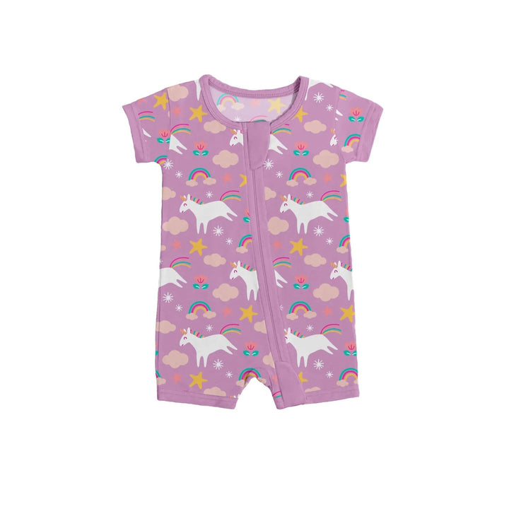 Purple Unicorns Shorty Zippered Romper , Purple Unicorns Shorty Zippered Romper - 0-3M