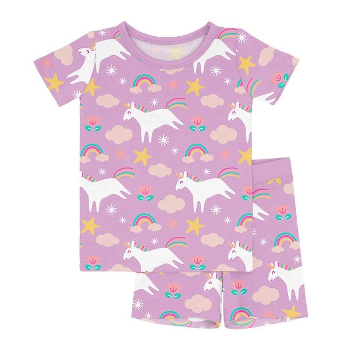 Purple Unicorns Two Piece Short Sleeve Shorts Pajama Set - Zumbamboo