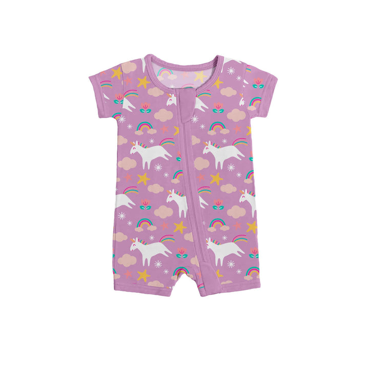 Purple Unicorns Shorty Zippered Romper