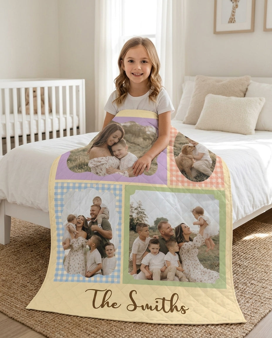 Custom Photo Gingham Family Bamboo Quilt Blanket