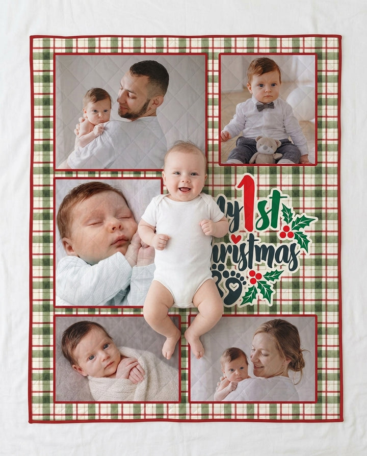 Custom Photo Collage My 1st Christmas Bamboo Quilt Blanket