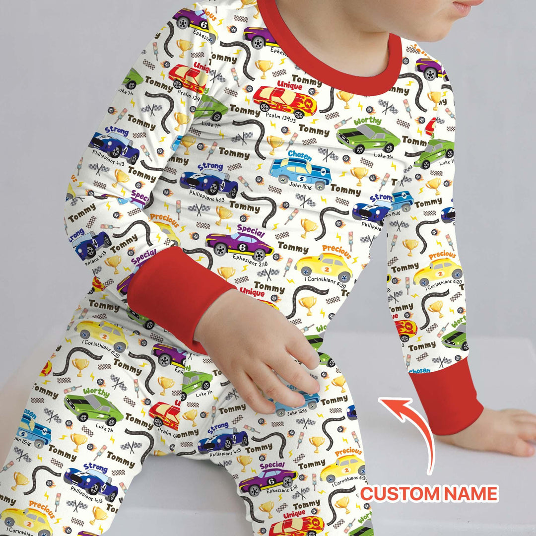 Racing Fun God Says I Am Custom Name Two Piece Long Sleeve Pajama Set - Zumbamboo
