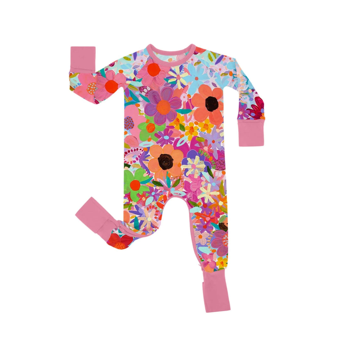 Rainbow Blooms Crescent Zippered Romper - Zumbamboo