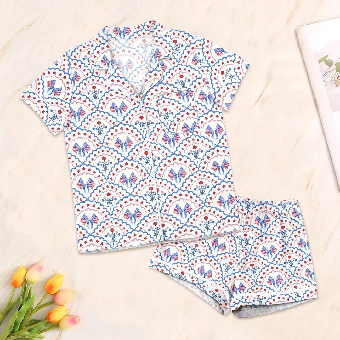Red White and Blue Scalloped Button Down Two Piece Short Sleeve Shorts Pajama Set , Red White and Blue Scalloped Button Down Two Piece Short Sleeve Shorts Pajama Set - 3XS