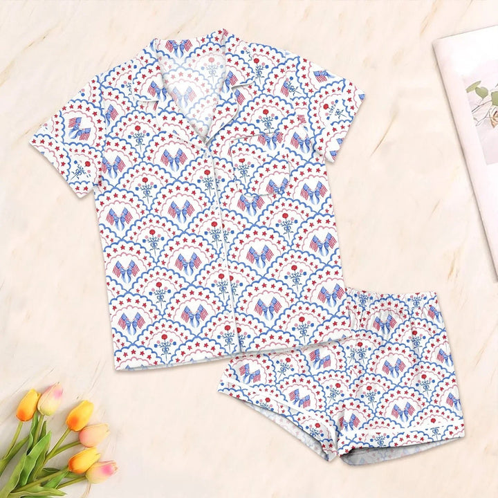 Red White and Blue Scalloped Button Down Two Piece Short Sleeve Shorts Pajama Set , Red White and Blue Scalloped Button Down Two Piece Short Sleeve Shorts Pajama Set - 3XS