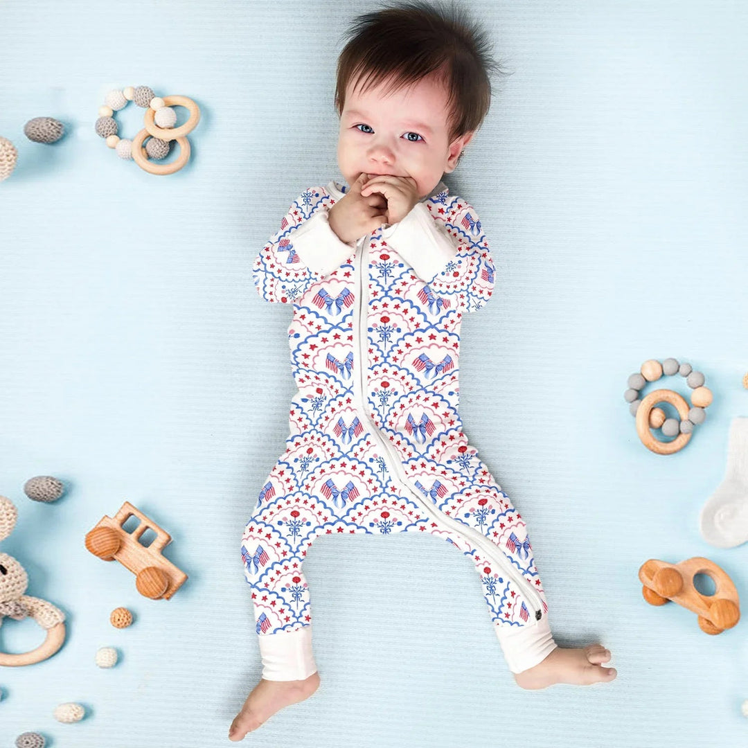 Red White and Blue Scalloped Convertible Zippered Romper - Zumbamboo