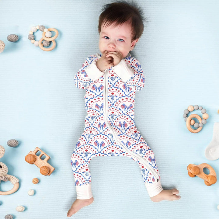 Red White and Blue Scalloped Convertible Zippered Romper - Zumbamboo