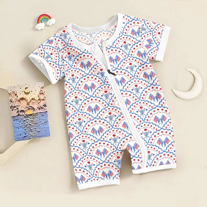 Red White and Blue Scalloped Shorty Zippered Romper , Red White and Blue Scalloped Shorty Zippered Romper - Newborn