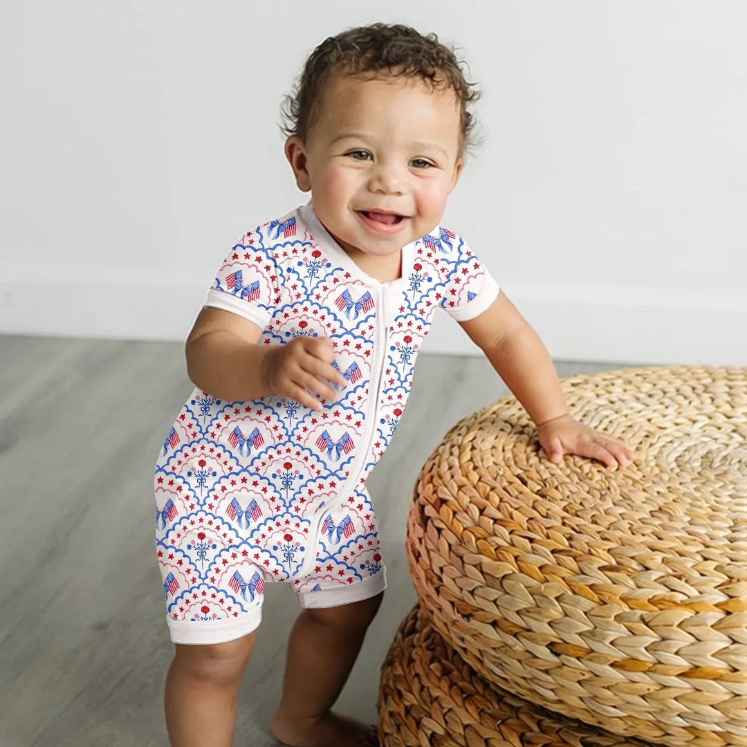 Red White and Blue Scalloped Shorty Zippered Romper , Red White and Blue Scalloped Shorty Zippered Romper - Newborn
