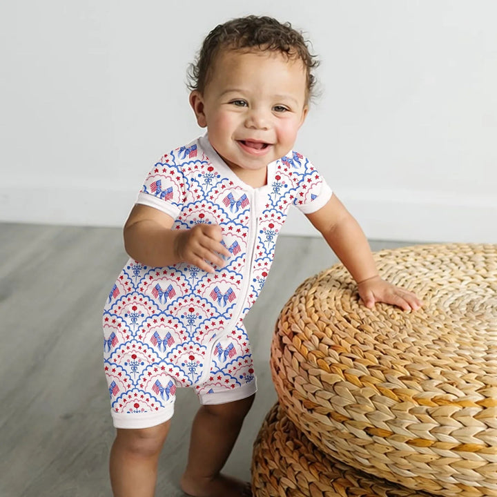 Red White and Blue Scalloped Shorty Zippered Romper , Red White and Blue Scalloped Shorty Zippered Romper - Newborn