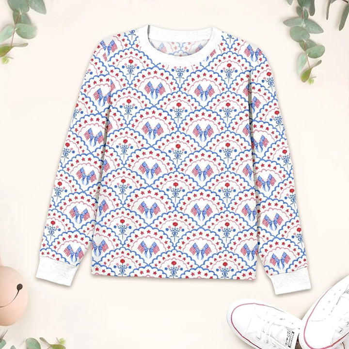 Red White and Blue Scalloped Two Piece Long Sleeve Pajama Set - Zumbamboo