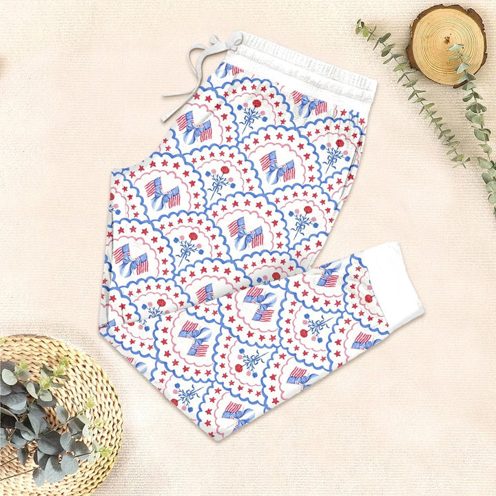 Red White and Blue Scalloped Two Piece Long Sleeve Pajama Set - Zumbamboo