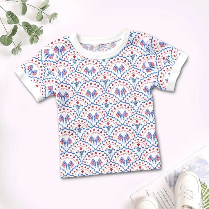 Red White and Blue Scalloped Two Piece Short Sleeve Pajama Set - Zumbamboo