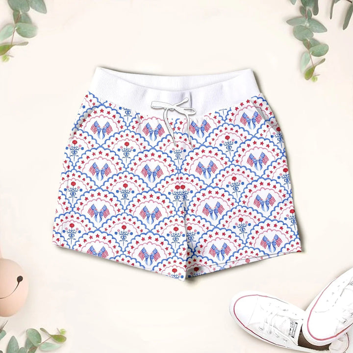 Red White and Blue Scalloped Two Piece Short Sleeve Shorts Pajama Set - Zumbamboo