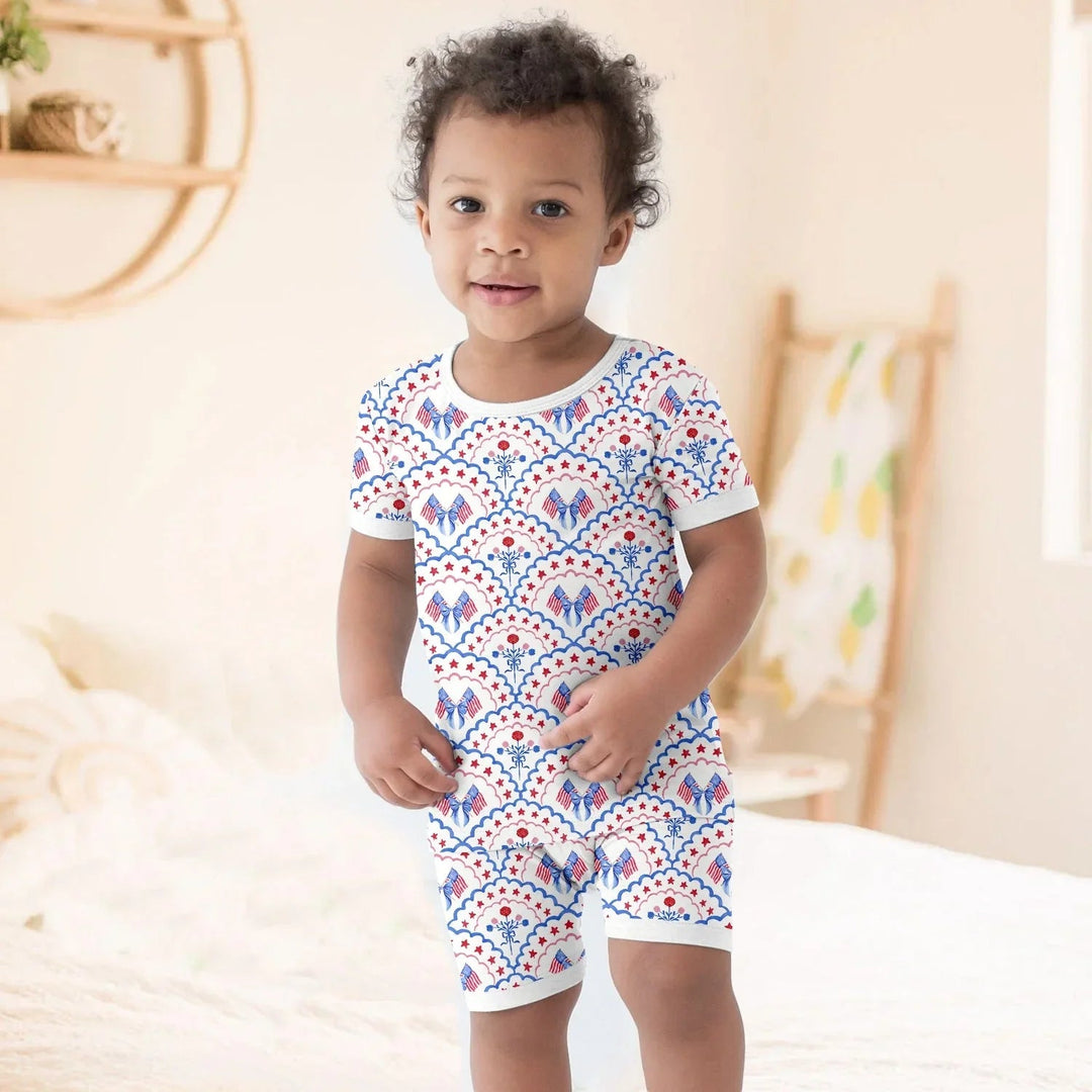Red White and Blue Scalloped Two Piece Short Sleeve Shorts Pajama Set - Zumbamboo