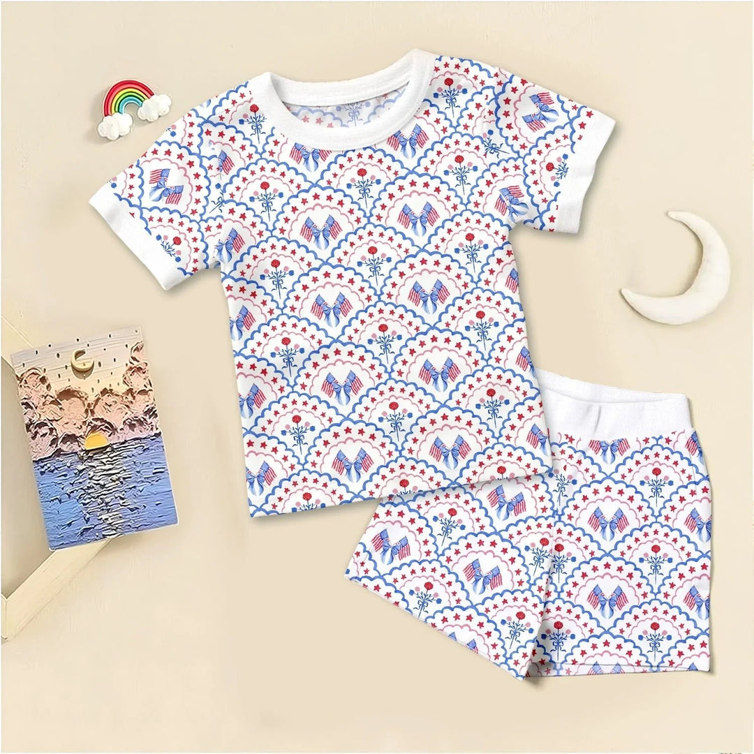 Red White and Blue Scalloped Two Piece Short Sleeve Shorts Pajama Set - Zumbamboo