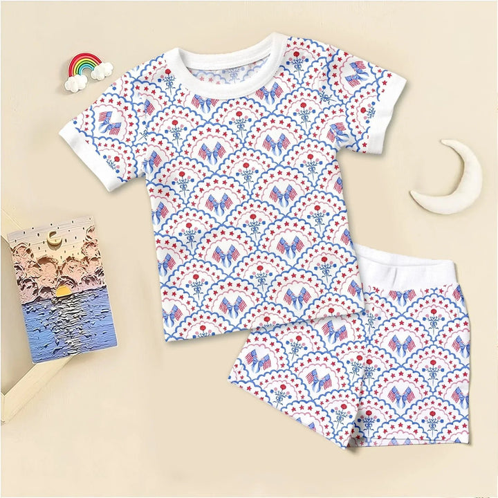 Red White and Blue Scalloped Two Piece Short Sleeve Shorts Pajama Set - Zumbamboo