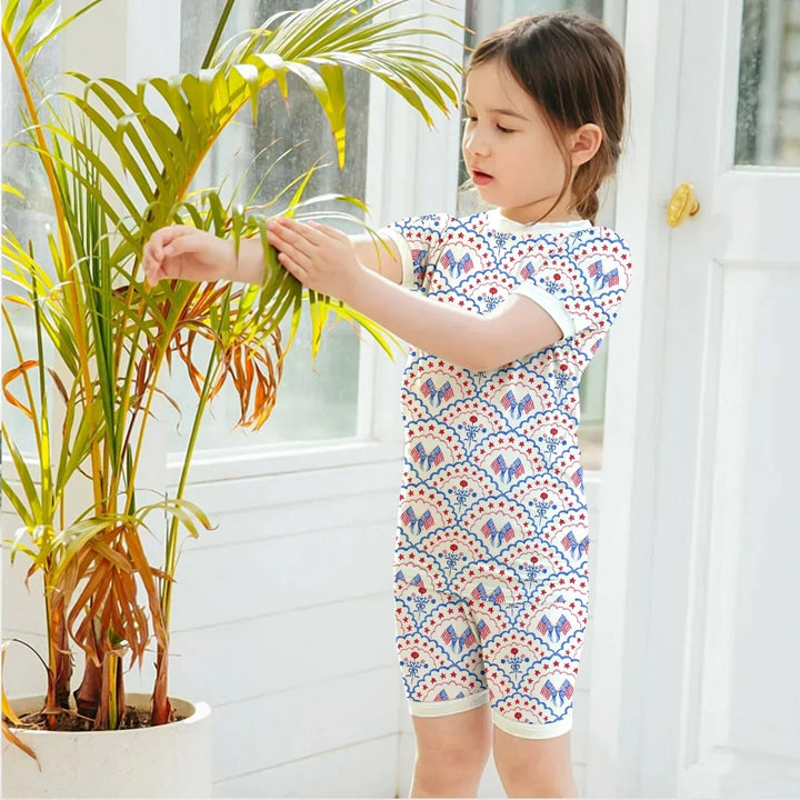 Red White and Blue Scalloped Two Piece Short Sleeve Shorts Pajama Set - Zumbamboo