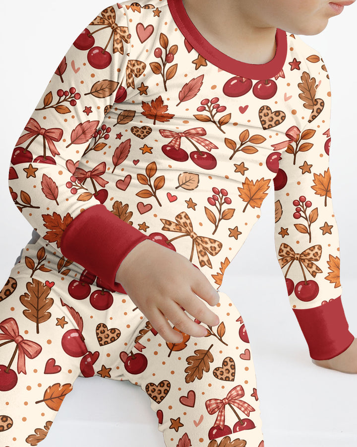 Coquette Bow Cherry Fall Leopard Bamboo Two Piece Long Sleeve Pajama Set