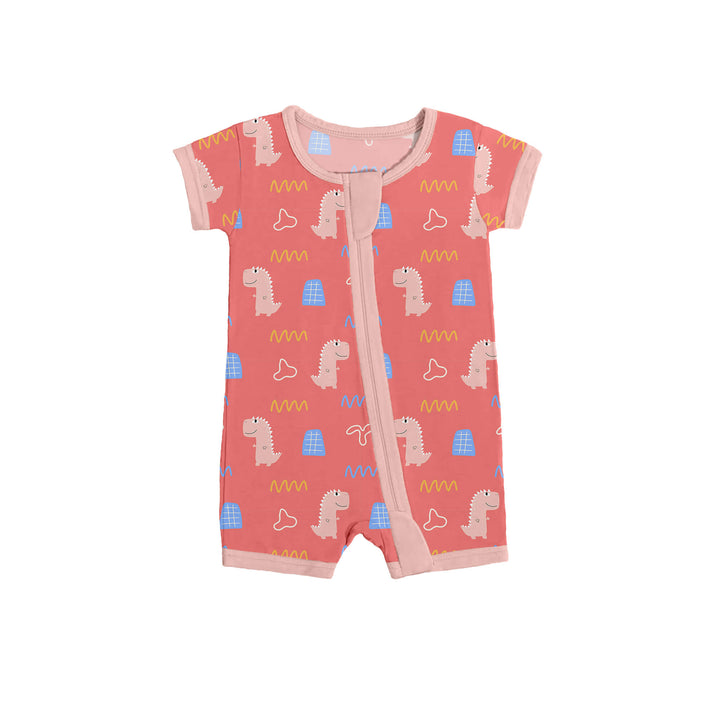 Red Dinosaur Shorty Zippered Romper