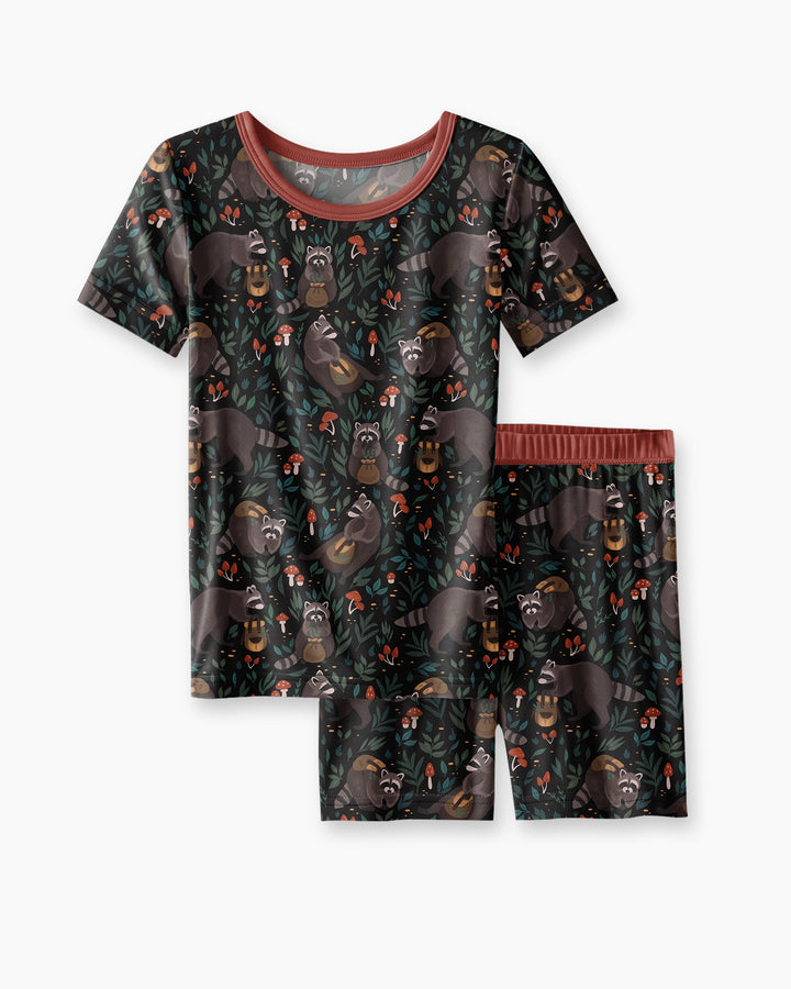 Raccoon And Whimsical Mushroom Bamboo Two Piece Short Sleeve Shorts Pajama Set