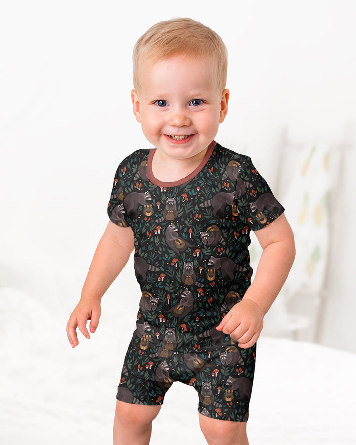 Raccoon And Whimsical Mushroom Bamboo Two Piece Short Sleeve Shorts Pajama Set
