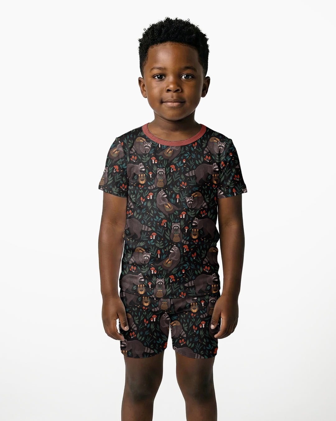 Raccoon And Whimsical Mushroom Bamboo Two Piece Short Sleeve Shorts Pajama Set