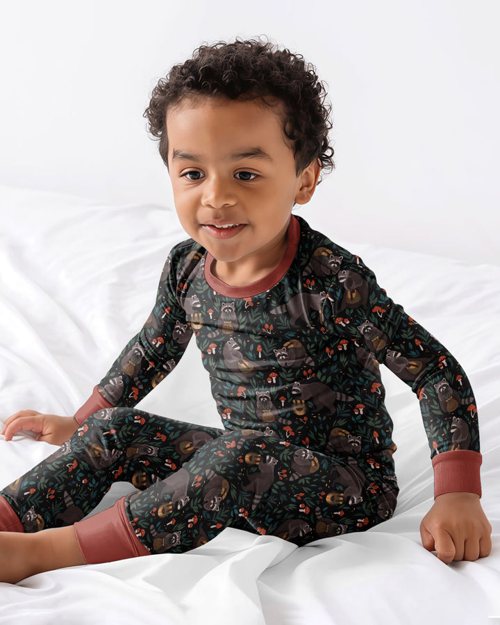 Raccoon And Whimsical Mushroom Bamboo Two Piece Long Sleeve Pajama Set