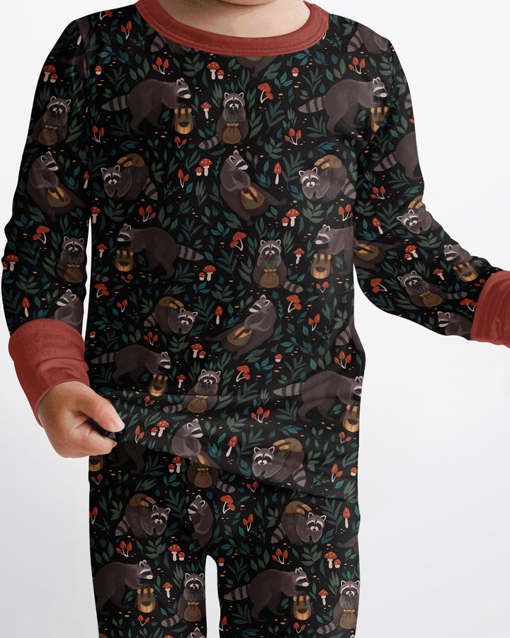 Raccoon And Whimsical Mushroom Bamboo Two Piece Long Sleeve Pajama Set