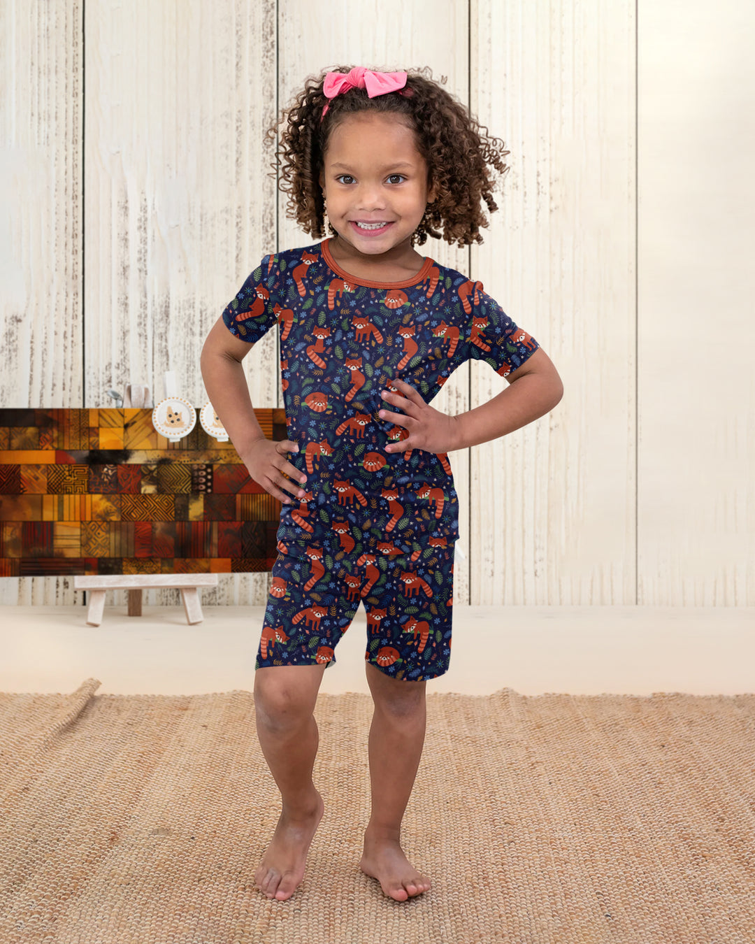 Tossed Red Panda Bamboo Two Piece Short Sleeve Shorts Pajama Set