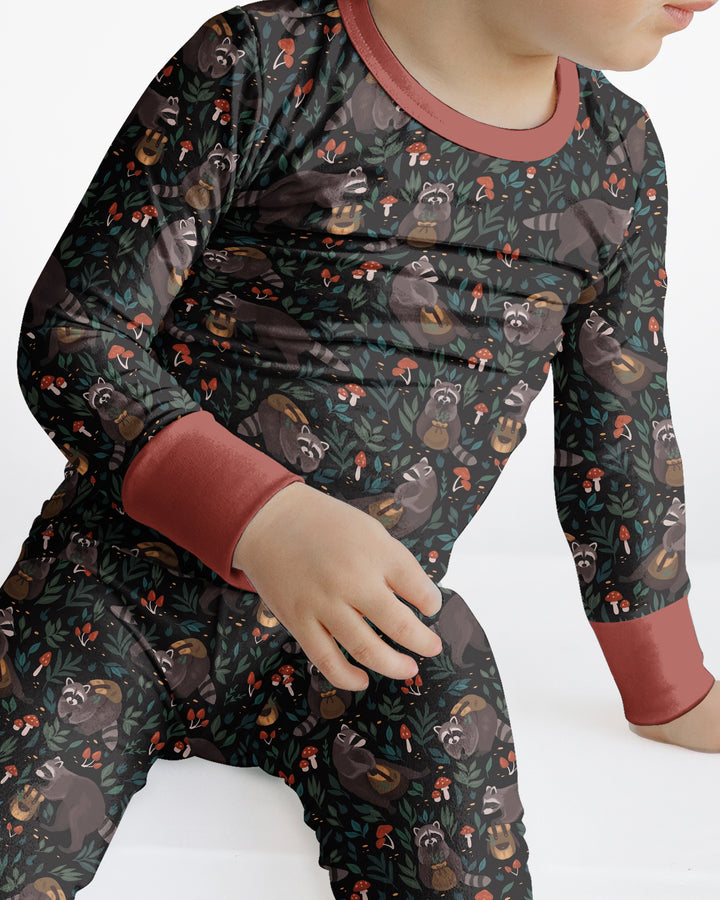 Raccoon And Whimsical Mushroom Bamboo Two Piece Long Sleeve Pajama Set