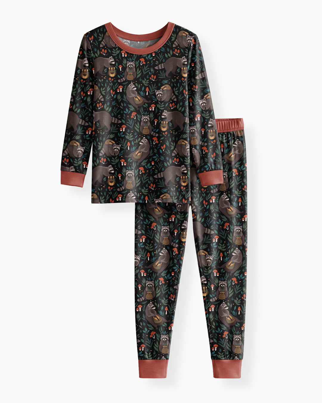 Raccoon And Whimsical Mushroom Bamboo Two Piece Long Sleeve Pajama Set
