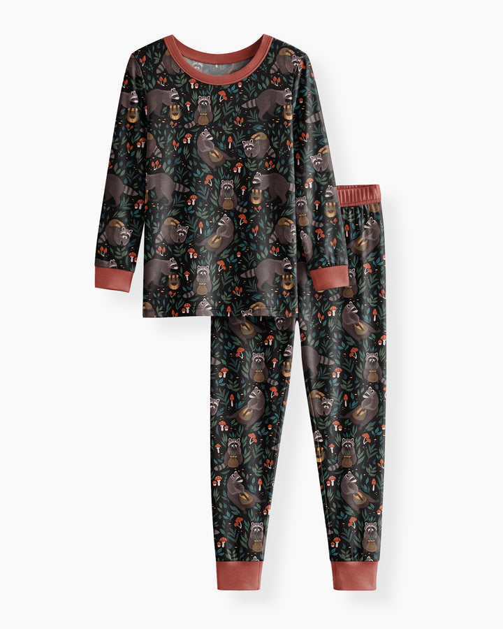 Raccoon And Whimsical Mushroom Bamboo Two Piece Long Sleeve Pajama Set
