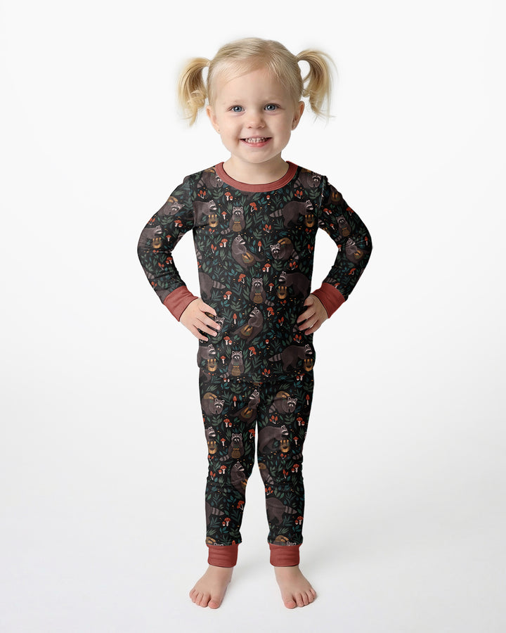 Raccoon And Whimsical Mushroom Bamboo Two Piece Long Sleeve Pajama Set