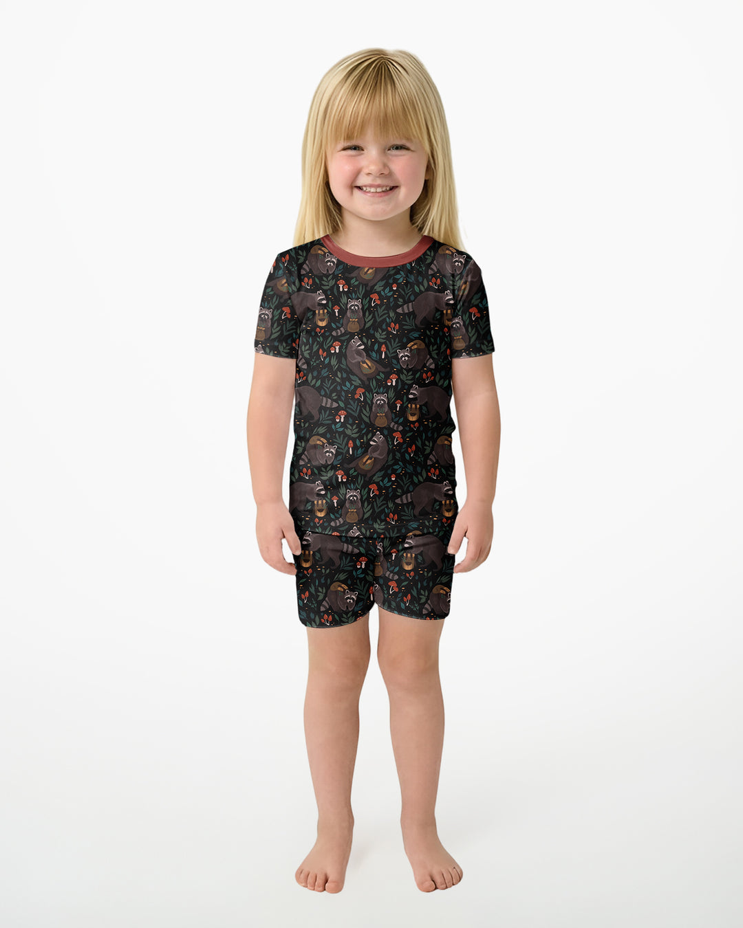 Raccoon And Whimsical Mushroom Bamboo Two Piece Short Sleeve Shorts Pajama Set