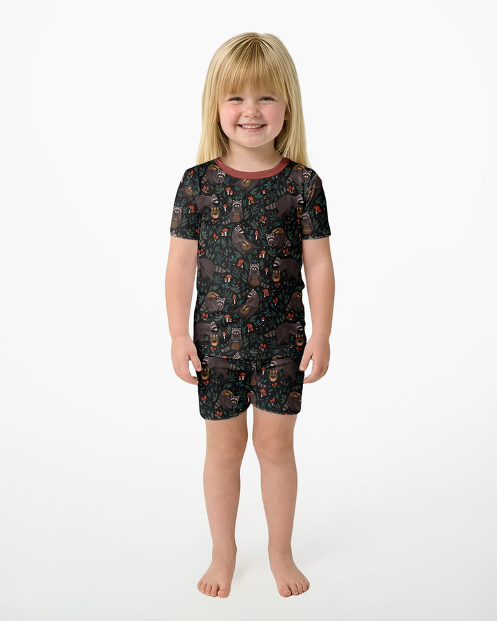 Raccoon And Whimsical Mushroom Bamboo Two Piece Short Sleeve Shorts Pajama Set