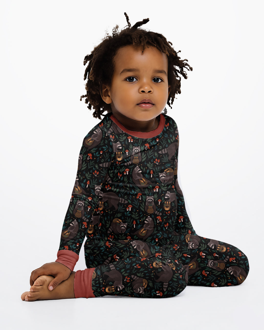 Raccoon And Whimsical Mushroom Bamboo Two Piece Long Sleeve Pajama Set